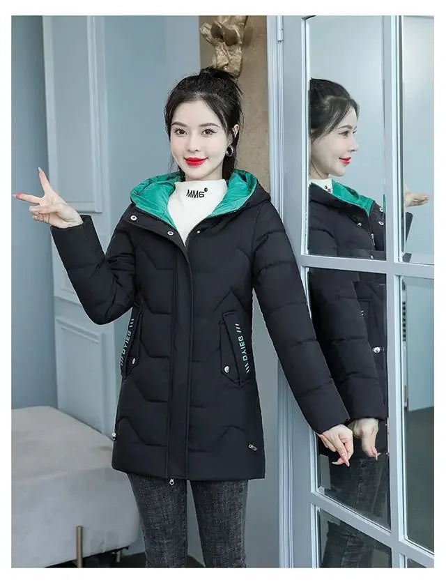 Winter Fashion Women Mid Length Down Cotton Jacket Korean Loose Thick Warm Padded Coat Female Hooded Parkas Outerwear Winter