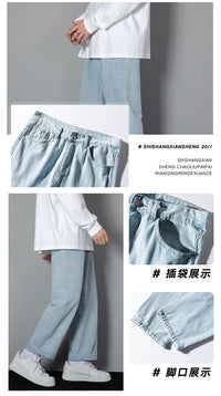 2024 New Korean Men's Casual Long Jeans Classic Man Straight Denim Wide-leg Pants Solid Color Light Blue Grey Black 3XL