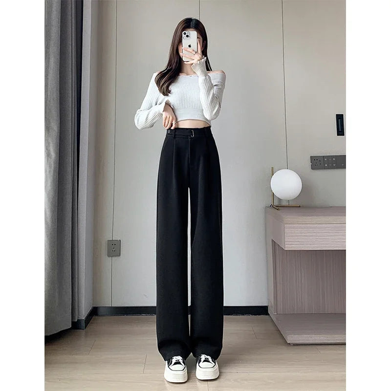 Winter Wool Wide Leg Pants Women Streetwear High Waist Suit Straight Pants Korean Thick Black Baggy Woolen Full Trousers Z53