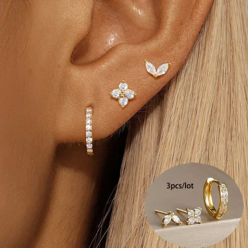 3PCS Stainless Steel Gold Hoop Earrings Set for Women – Simple Zircon Flower Stud & Cartilage Piercing Jewelry