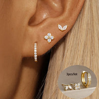 3PCS Stainless Steel Gold Hoop Earrings Set for Women – Simple Zircon Flower Stud & Cartilage Piercing Jewelry