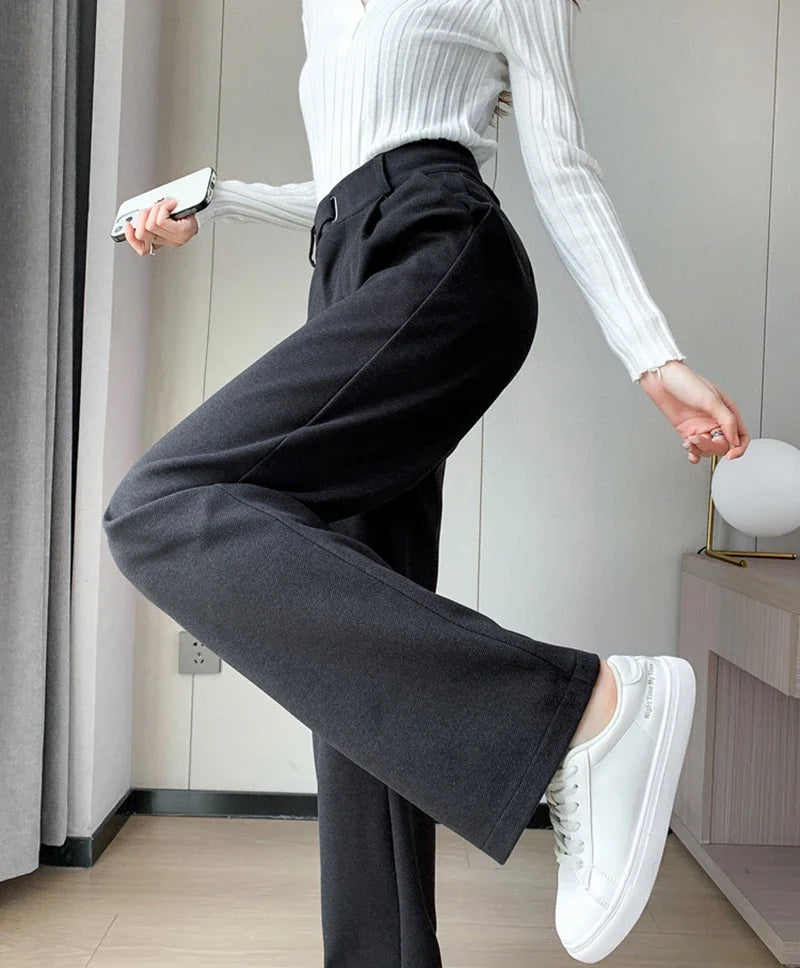 Winter Wool Wide Leg Pants Women Streetwear High Waist Suit Straight Pants Korean Thick Black Baggy Woolen Full Trousers Z53