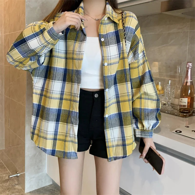 Plaid Shirt Women Autumn Long Sleeve Top Female Vintage Fashion Single Breasted Blouse Ladies Preppy Style Loose Check Shirts