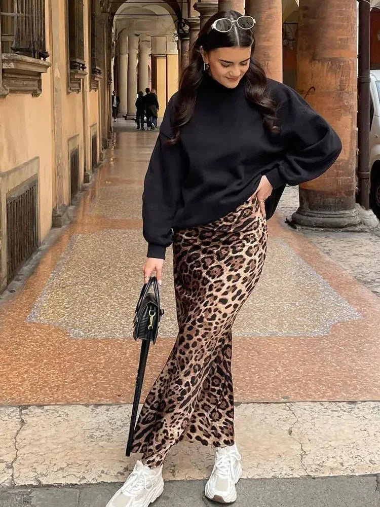 ASDS 2024 Women Fashion Leopard Print Skirt Vintage High Waist Midi Skirts Elegant Women Summer Casual Streetwear Skirt