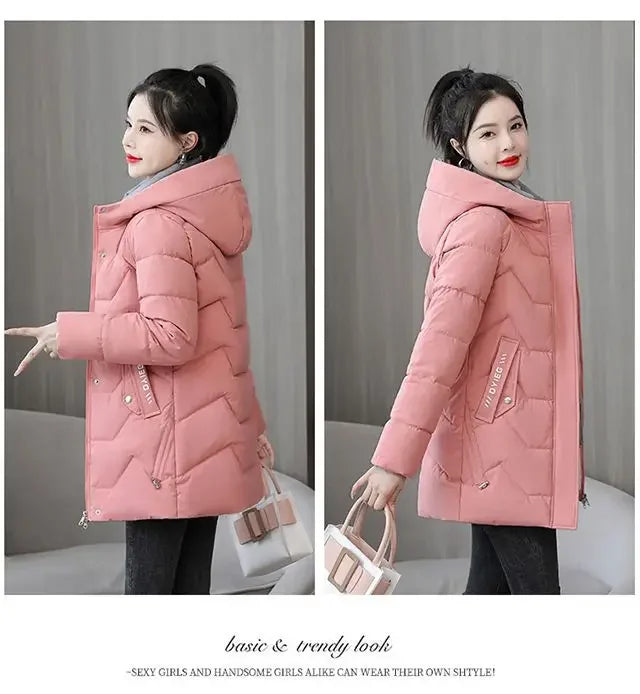 Winter Fashion Women Mid Length Down Cotton Jacket Korean Loose Thick Warm Padded Coat Female Hooded Parkas Outerwear Winter