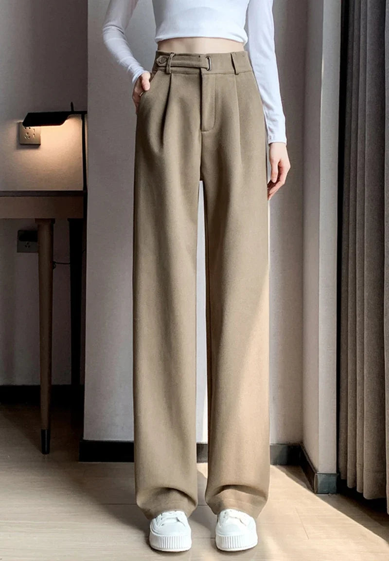 Winter Wool Wide Leg Pants Women Streetwear High Waist Suit Straight Pants Korean Thick Black Baggy Woolen Full Trousers Z53