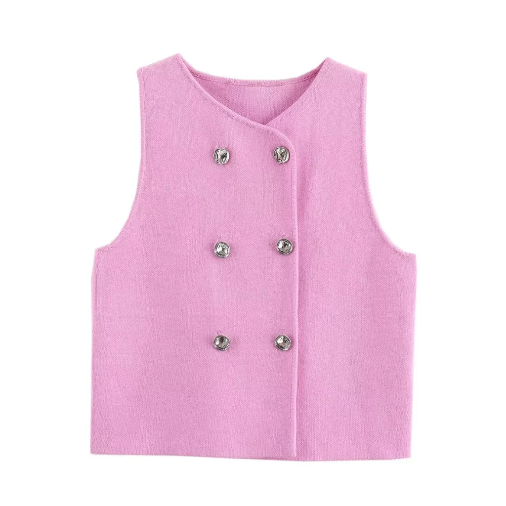 TRAF Sweater Lady Vests Sleeveless Pink Knitted Vest For Women Fall Round Neck Short Sweaters Vests Elegant Knit Vests Woman