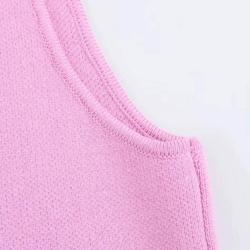 TRAF Sweater Lady Vests Sleeveless Pink Knitted Vest For Women Fall Round Neck Short Sweaters Vests Elegant Knit Vests Woman