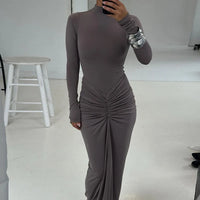 Fashion Pleated Patchwork Maxi Dresses Women's High Waist Long Sleeve Solid Slim Party Dress 2024 Autumn Female Maxi Robes