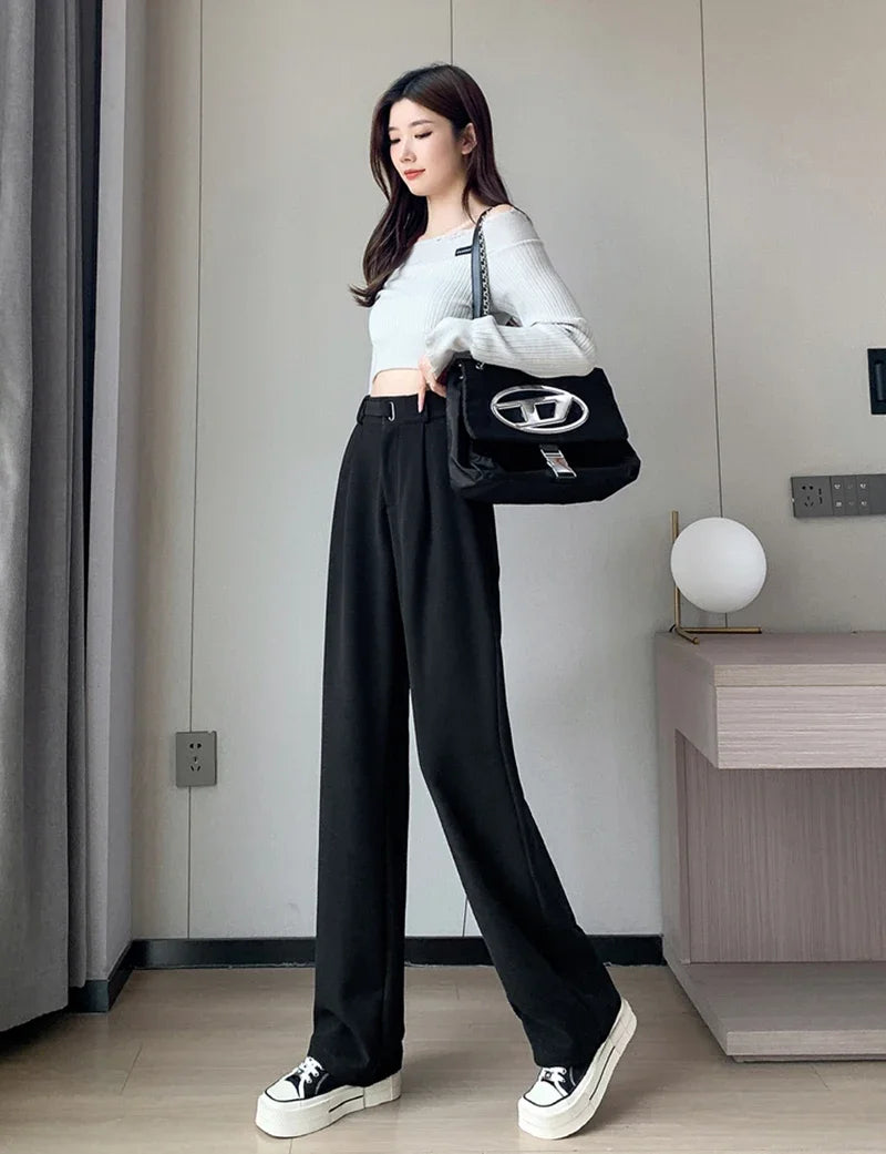 Winter Wool Wide Leg Pants Women Streetwear High Waist Suit Straight Pants Korean Thick Black Baggy Woolen Full Trousers Z53