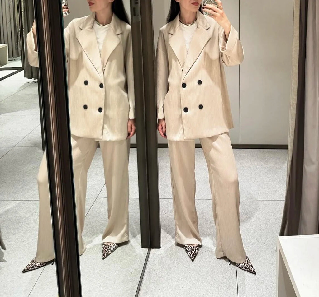 Autumn New Fashion Women's European And American Style Wrinkle Suit Jacket Casual Pants Street Style Loose Elegant Suit