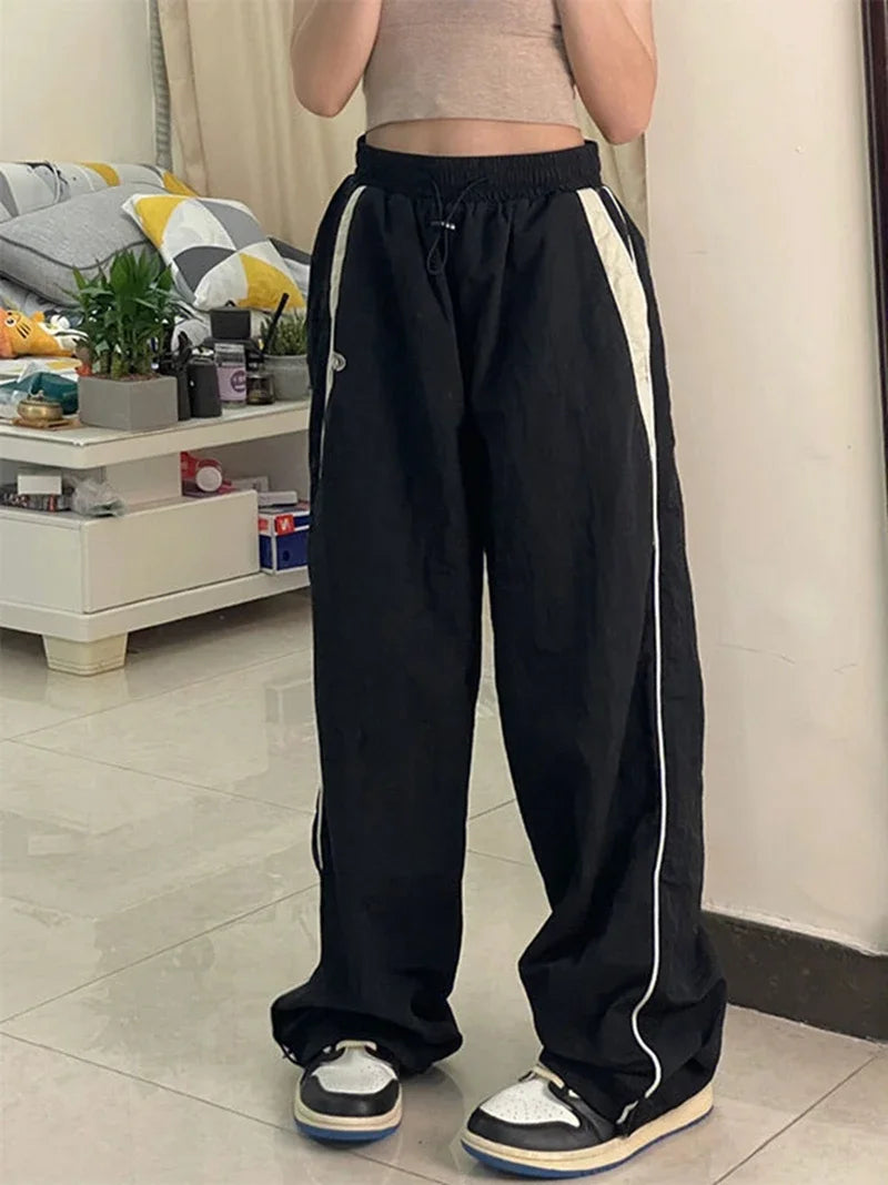 Women Casual Wide Leg Cargo Pants Drawstring Solid Streetwear Elastic Waist Sweatpants Loose Y2K Joggers Hip Hop Baggy Trousers