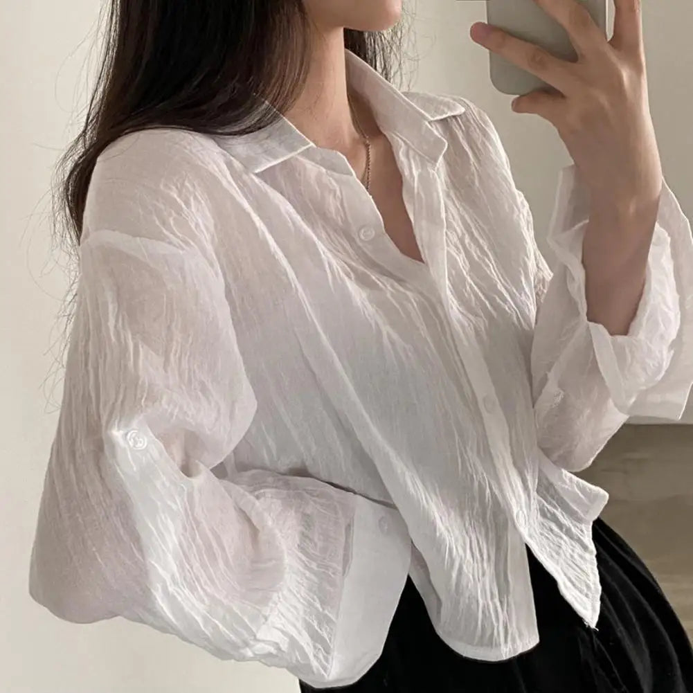 Pleaded Cropp Top Women Shirt Lapel Long Sleeves Women Sunscreen Shirt Thin Cardigan Mini Shirt Summer Sun Protection Shirts