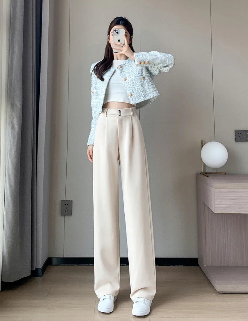 Winter Wool Wide Leg Pants Women Streetwear High Waist Suit Straight Pants Korean Thick Black Baggy Woolen Full Trousers Z53