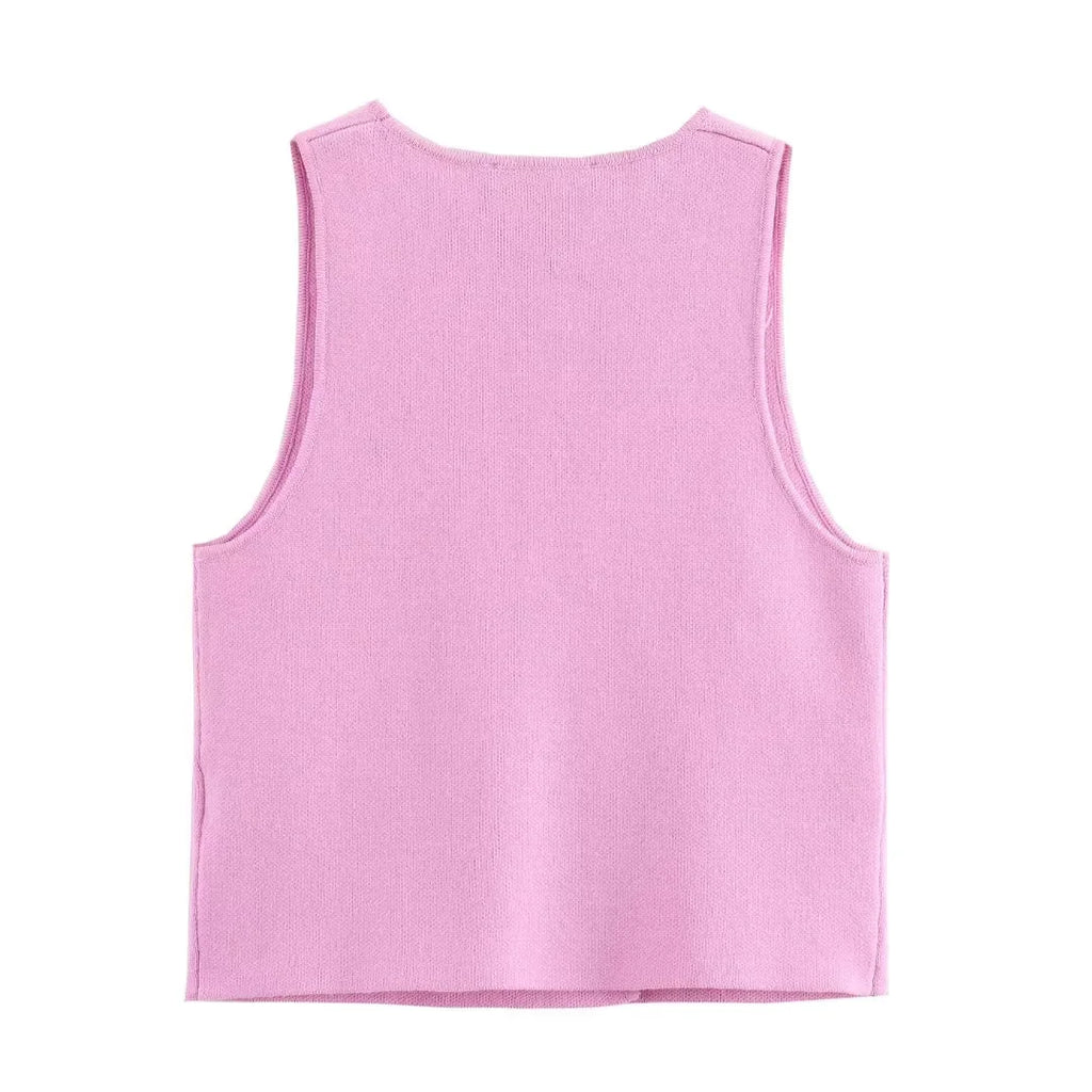 TRAF Sweater Lady Vests Sleeveless Pink Knitted Vest For Women Fall Round Neck Short Sweaters Vests Elegant Knit Vests Woman