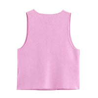 TRAF Sweater Lady Vests Sleeveless Pink Knitted Vest For Women Fall Round Neck Short Sweaters Vests Elegant Knit Vests Woman