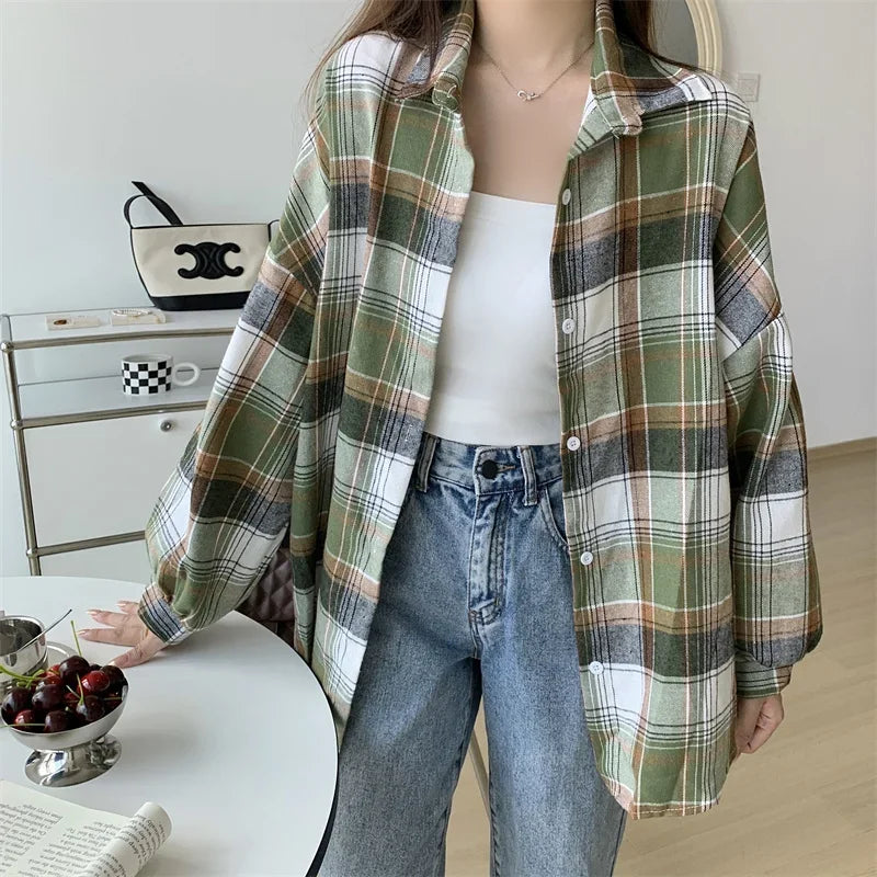 Plaid Shirt Women Autumn Long Sleeve Top Female Vintage Fashion Single Breasted Blouse Ladies Preppy Style Loose Check Shirts