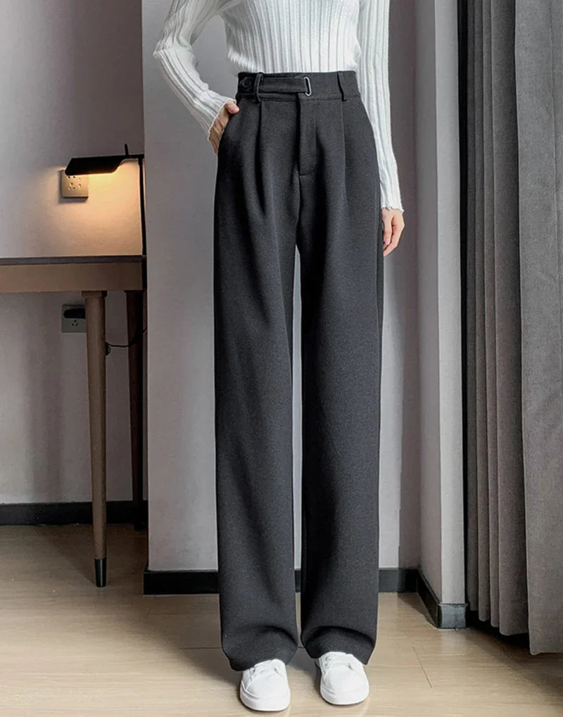 Winter Wool Wide Leg Pants Women Streetwear High Waist Suit Straight Pants Korean Thick Black Baggy Woolen Full Trousers Z53