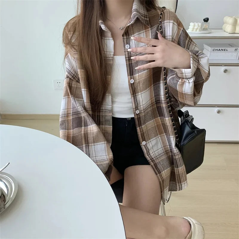 Plaid Shirt Women Autumn Long Sleeve Top Female Vintage Fashion Single Breasted Blouse Ladies Preppy Style Loose Check Shirts