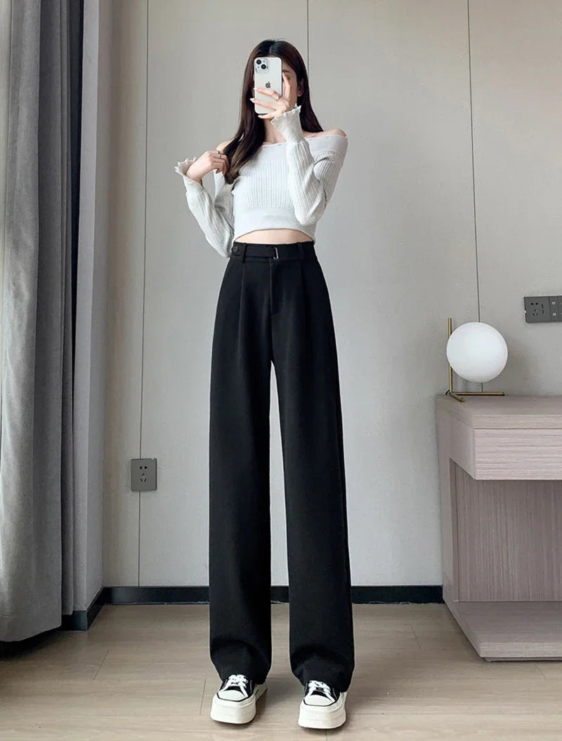 Winter Wool Wide Leg Pants Women Streetwear High Waist Suit Straight Pants Korean Thick Black Baggy Woolen Full Trousers Z53