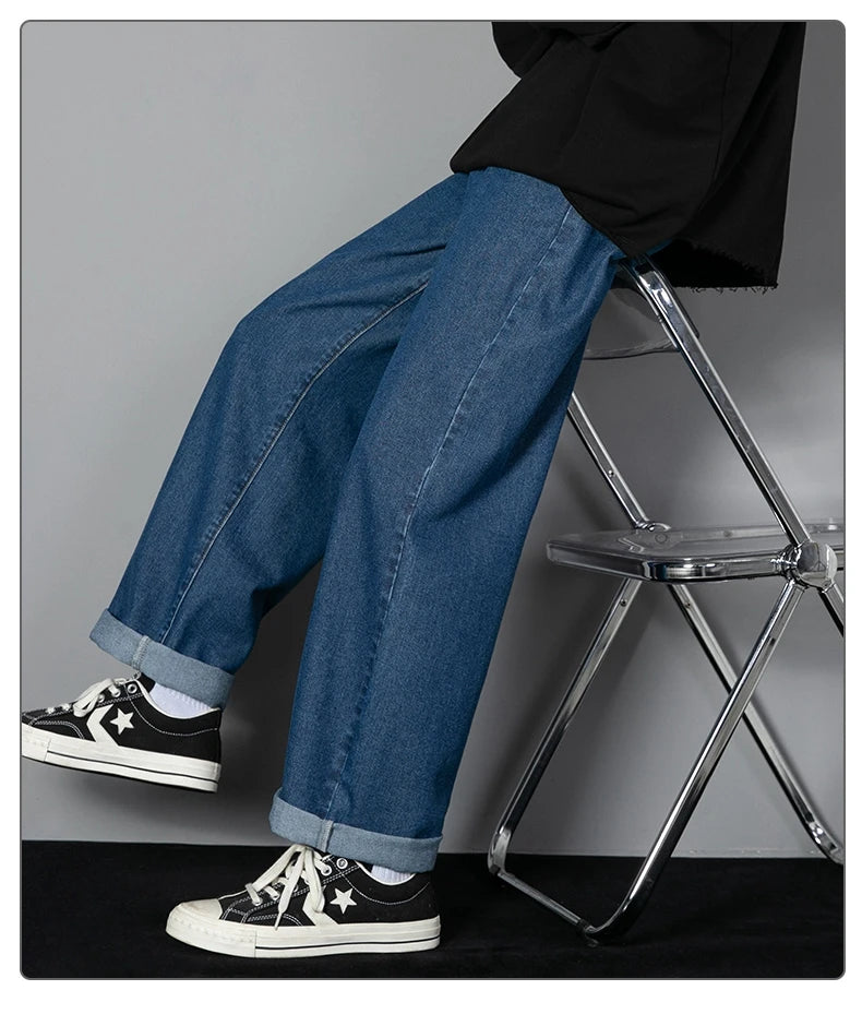 2024 New Korean Men's Casual Long Jeans Classic Man Straight Denim Wide-leg Pants Solid Color Light Blue Grey Black 3XL